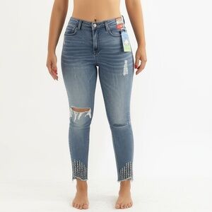 NWT Denim Couture Jeans Womens Light Blue Distressed Rhinestone Frayed Hem